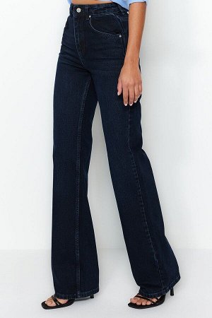 Trendyomilla Синие винтажные широкие джинсы с нормальной талией и эффектом выцветания