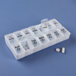 Таблетница - органайзер «Неделька», со съёмными ячейками, английские буквы, утро/вечер, 18,8 × 9,1 × 3,1 см, 7 контейнеров по 2 ячейки, цвет белый
