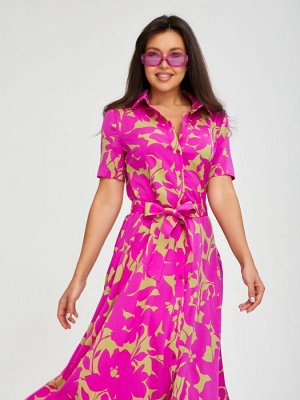 Платье-рубашка женское летнее длина макси короткий рукав цвет Фуксия, золотистый LONG