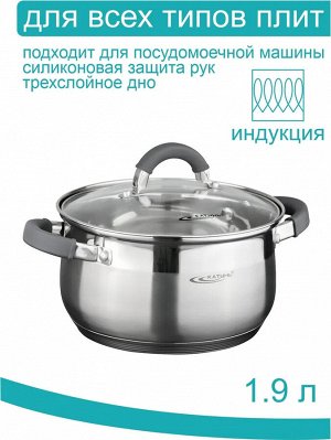 Катунь Кастрюля 1,9л [ИРИДА] d-16 с силиконовыми вставками, стеклянная крышка, индукционное капсульное дно