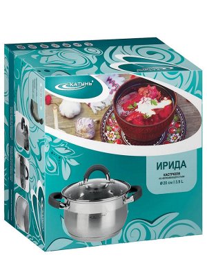 Катунь Кастрюля 3,9л [ИРИДА] d-20 с силиконовыми вставками, стеклянная крышка, индукционное капсульное дно