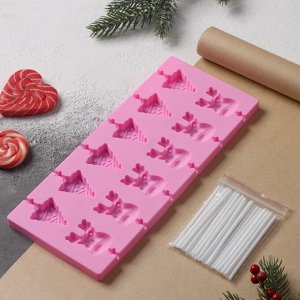 Форма для украшений Доляна «Новый год», силикон, 25x10,5x1 см, 12 ячеек, с палочками, цвет розовый