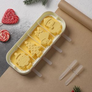 Форма для мороженого с крышкой новогодняя Доляна «Новый год», силикон, 24?10?3 см, 4 ячейки, с палочками, цвет жёлтый