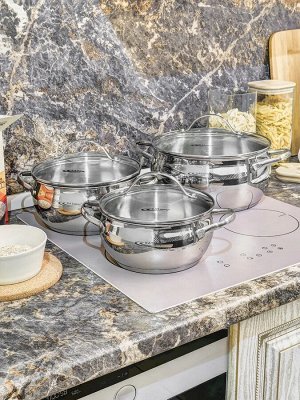 Катунь Набор кастрюль 6пр [МЕДЕЯ] (1,6л+2,2л+3,2л) стеклянная крышка, индукционное капсульное дно
