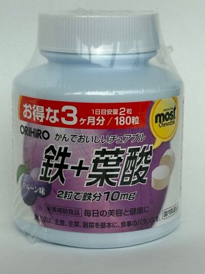 ORIHIRO Most железо и фолиевая кислота (вкус сливы), 180 жевательных конфет на 90 дней из Японии