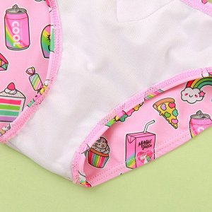 Купальник для девочки, частично слитный, розовый с рюшами, принтом и аппликацией в виде рожка с мороженым