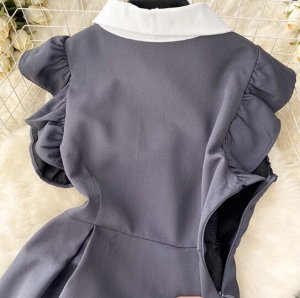 Трендовое платье в стиле "Хепберн" с белым воротничком с завязками, темно-серый
