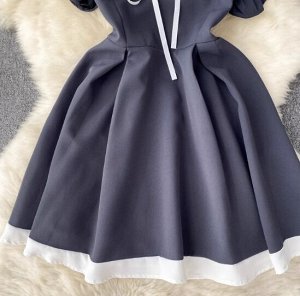 Трендовое платье в стиле "Хепберн" с белым воротничком с завязками, темно-серый