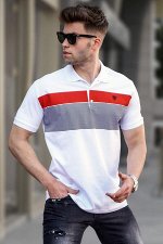 Белая полосатая мужская футболка с воротником поло 5864