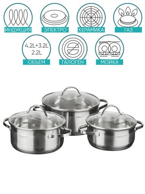 Набор кастрюль 6пр [АЛЬТА] (2,2л+3,2л+4,2л) в подарочной упаковке стеклянная крышка, индукционное капсульное дно