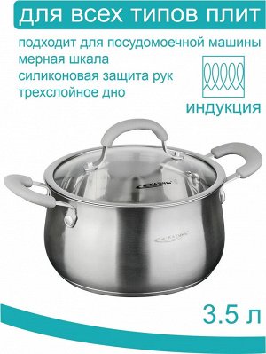 Кастрюля 3,5л [ВЕСТА] 20*11,5см с силиконовыми вставками, стеклянная крышка, индукционное капсульное дно