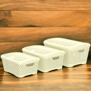 Набор корзинок с крышками «Ромбики» (340×250×170мм) (3шт) (ваниль)