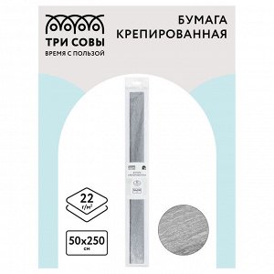 Бумага крепированная СЕРЕБРО ТРИ СОВЫ, 50*250см, 22г/м2, в рулоне, пакет с европодвесом