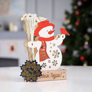 Светодиодная фигура «Снеговик с птичками» 16.5 x 20.5 x 5 см, дерево, батарейки LR41х3, свечение тёплое белое