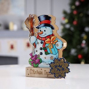 Светодиодная фигура «Снеговик с подарками» 13 x 20 x 2.5 см, дерево, батарейки LR1130х3, свечение тёплое белое