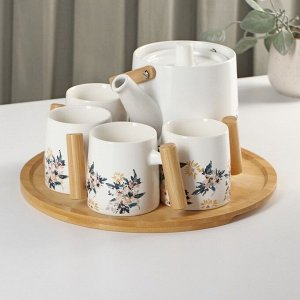 Набор чайный керамический «Сакура», 6 предметов: 4 кружки 250 мл, чайник 1 л, поднос d=29 см, цвет белый