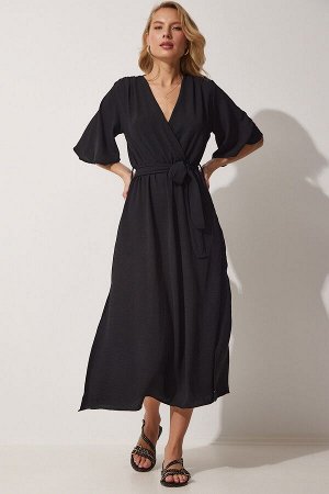 Женское черное платье с запахом, воротником и разрезами по бокам DK00149