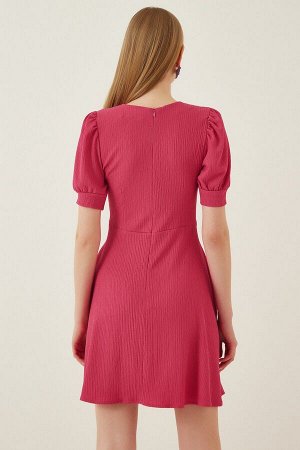 Женское темно-розовое расклешенное платье с квадратным воротником DD01083