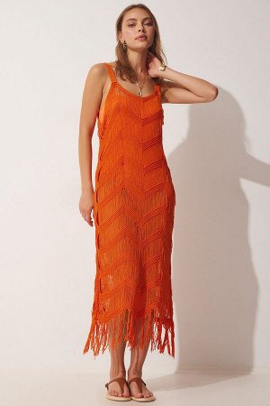 Женское оранжевое ажурное трикотажное платье с кисточками K_00088