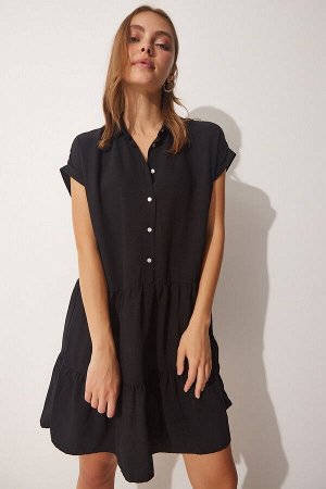 Женское черное летнее свободное платье на пуговицах с рубашечным воротником HW00001