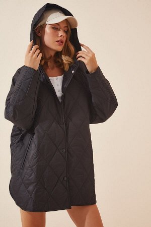 Женское черное стеганое пальто большого размера с капюшоном FN02905
