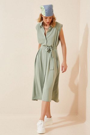 Женское зеленое льняное вискозное летнее платье-рубашка с поясом DD00927