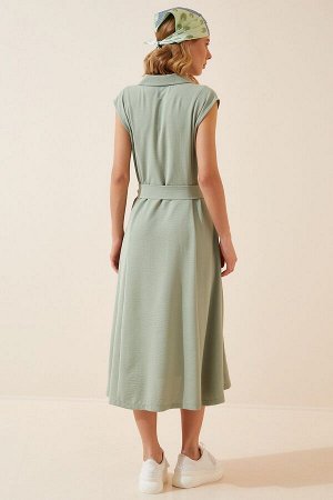 Женское зеленое льняное вискозное летнее платье-рубашка с поясом DD00927