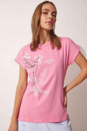Женская светло-розовая хлопковая футболка с принтом UB00104