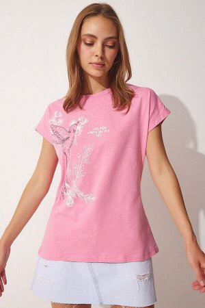 happinessistanbul Женская светло-розовая хлопковая футболка с принтом UB00104