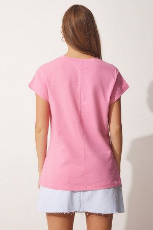 Женская светло-розовая хлопковая футболка с принтом UB00104