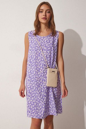 Женское мини-платье из льна и вискозы с фиолетово-белым рисунком BH00343