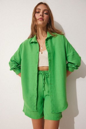 Женский светло-зеленый летний комплект из льняной рубашки и шорт DZ00087