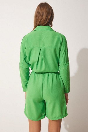 Женский светло-зеленый летний комплект из льняной рубашки и шорт DZ00087