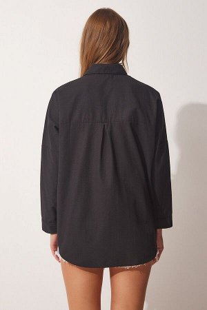 Женская черная базовая рубашка из поплина оверсайз BH00420