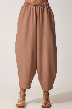 Женские темные льняные брюки-шалвар цвета печенья с карманами из вискозы CV00001