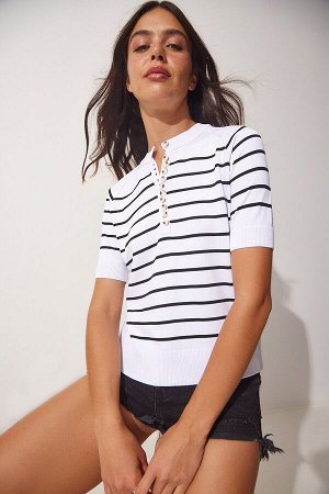 Женская сезонная трикотажная блузка на пуговицах белого и черного цвета NF00065