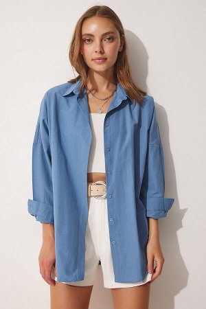 Женская длинная базовая рубашка цвета индиго синего цвета DD00842