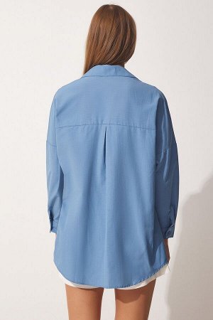 Женская длинная базовая рубашка цвета индиго синего цвета DD00842