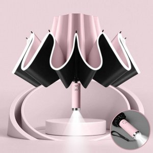Автоматический зонт с 10-ю спицами, с фонариком, обратного складывания, цвет розовый/черный