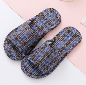 Стеганные хлопковые лёгкие тапочки в клетку,  синие