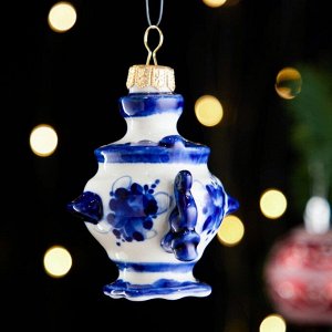 Ёлочная игрушка гжель «Самовар», бело-синяя, керамика, 9 см.