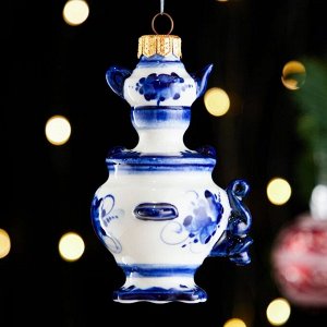 Ёлочная игрушка гжель «Самовар с чайником», бело-синяя, керамика, 10 см.