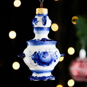Ёлочная игрушка гжель «Самовар с чайником», бело-синяя, керамика, 10 см.