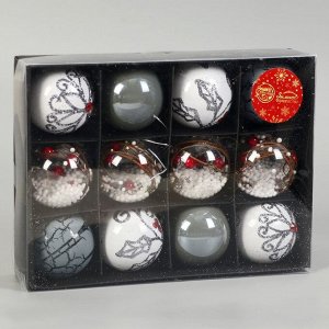Ёлочные игрушки «Мелодия», шары новогодние, d=6 см, набор 12 шт., ассорти, белый серый