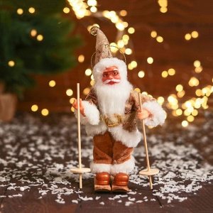 Дед Мороз "В блестящем костюмчике, на лыжах" 16 см, золотисто-белый
