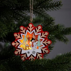 Ёлочная игрушка «Снежинка со снеговиком», 10х10 см, 1 LED, от батареек, свечение тёплое белое