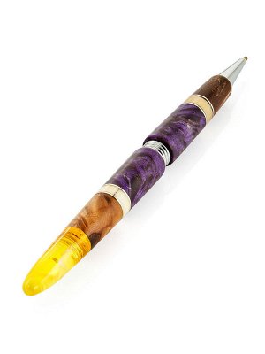 Ручка авторской работы из стабилизированного дерева и текстурного янтаря