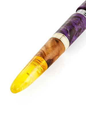 Ручка авторской работы из стабилизированного дерева и текстурного янтаря