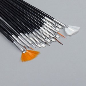 Набор кистей для наращивания и дизайна ногтей, 15 шт, 19 см, цвет чёрный