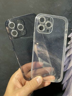 Силиконовый прозрачный чехол с блесками и стразами для Iphone + защита камеры